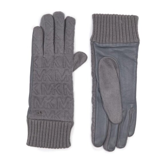 Michael Kors Logo Womens Gray Quilted Knit Leather Trim Gloves Sz M New - Picture 1 of 5